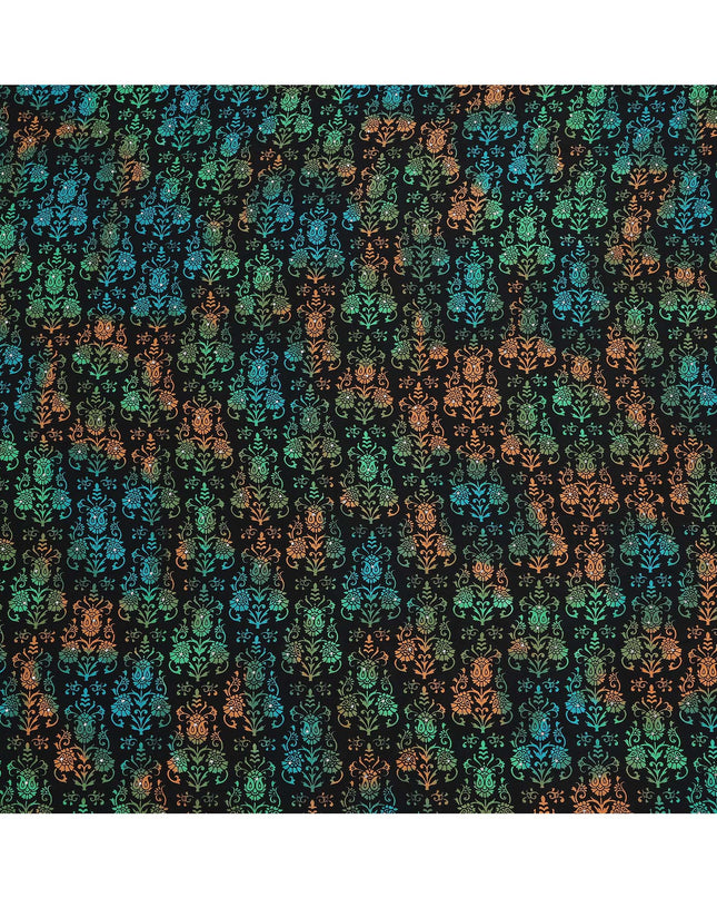 Black Multicolor Floral Pattern Pure Silk Crepe Fabric with Stone Work, Width 110 Cms, Made in India-D26069