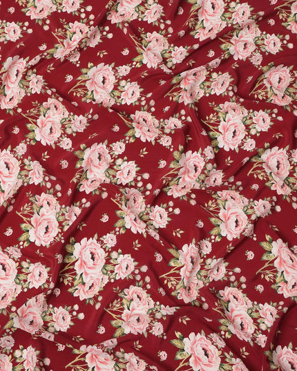 Maroon Pink Floral Pattern Pure Silk Crepe Fabric with Stone Work, Width 110 Cms, Made in India-D26071