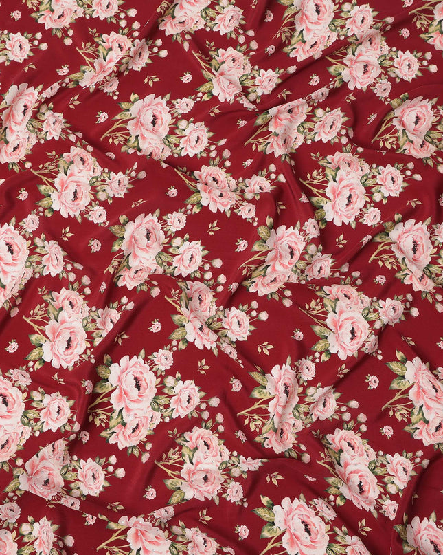 Maroon Pink Floral Pattern Pure Silk Crepe Fabric with Stone Work, Width 110 Cms, Made in India-D26071
