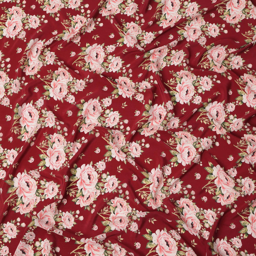 Maroon Pink Floral Pattern Pure Silk Crepe Fabric with Stone Work, Width 110 Cms, Made in India-D26071