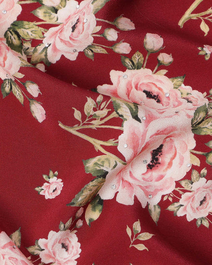 Maroon Pink Floral Pattern Pure Silk Crepe Fabric with Stone Work, Width 110 Cms, Made in India-D26071