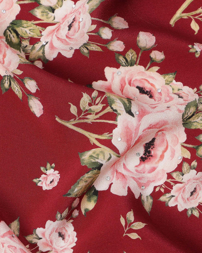Maroon Pink Floral Pattern Pure Silk Crepe Fabric with Stone Work, Width 110 Cms, Made in India-D26071