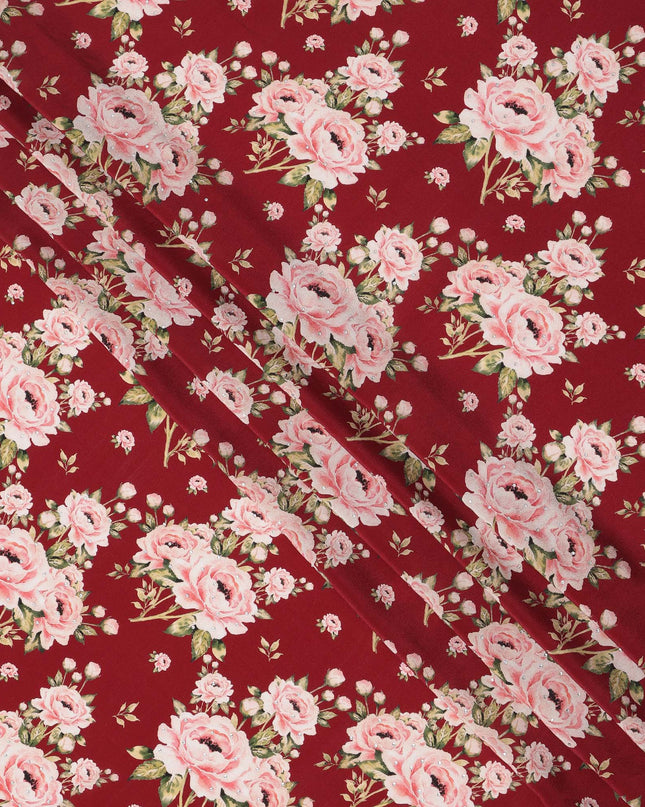 Maroon Pink Floral Pattern Pure Silk Crepe Fabric with Stone Work, Width 110 Cms, Made in India-D26071