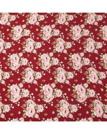 Maroon Pink Floral Pattern Pure Silk Crepe Fabric with Stone Work, Width 110 Cms, Made in India-D26071