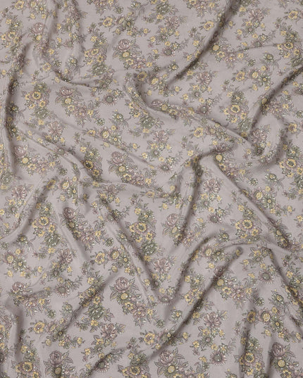 Grey Yellow Floral Pattern Pure Silk Crepe Fabric with Stone Work, Width 110 Cms, Made in India-D26072