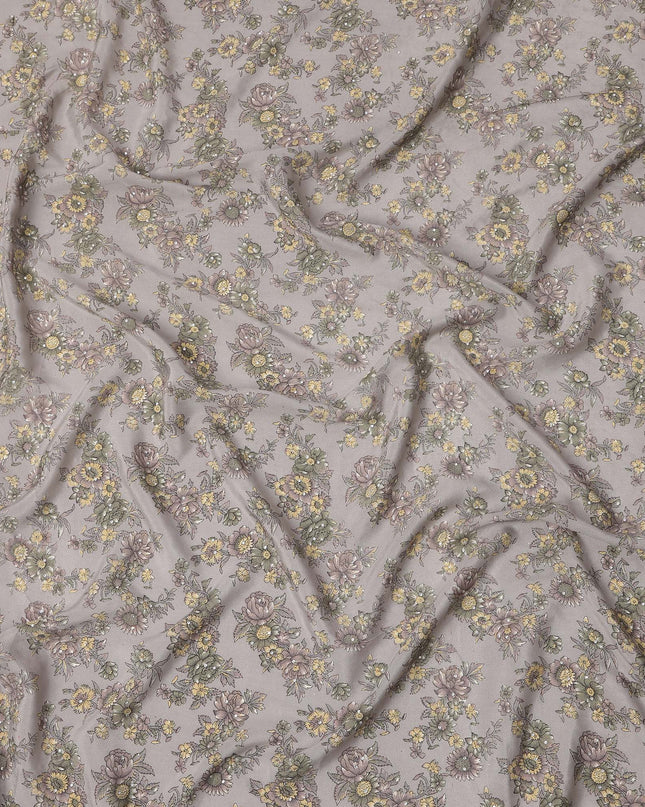 Grey Yellow Floral Pattern Pure Silk Crepe Fabric with Stone Work, Width 110 Cms, Made in India-D26072