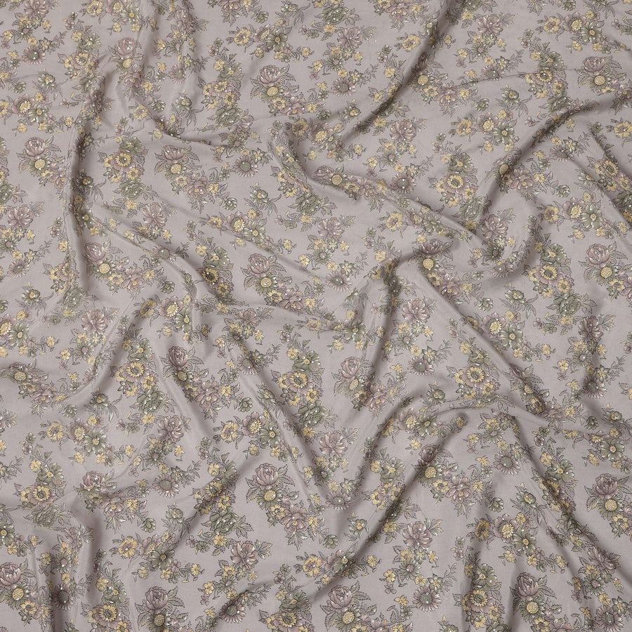 Grey Yellow Floral Pattern Pure Silk Crepe Fabric with Stone Work, Width 110 Cms, Made in India-D26072