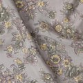 Grey Yellow Floral Pattern Pure Silk Crepe Fabric with Stone Work, Width 110 Cms, Made in India-D26072