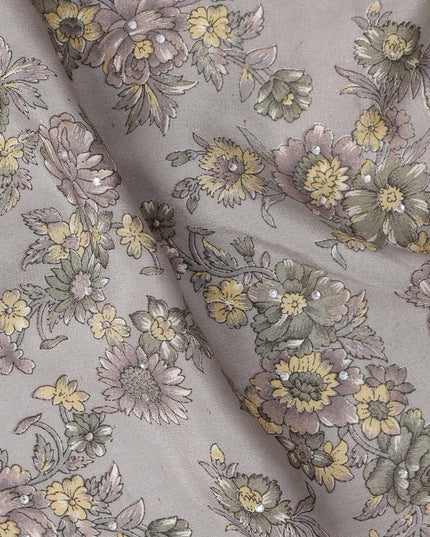 Grey Yellow Floral Pattern Pure Silk Crepe Fabric with Stone Work, Width 110 Cms, Made in India-D26072
