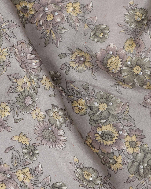 Grey Yellow Floral Pattern Pure Silk Crepe Fabric with Stone Work, Width 110 Cms, Made in India-D26072