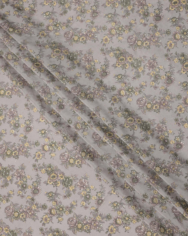 Grey Yellow Floral Pattern Pure Silk Crepe Fabric with Stone Work, Width 110 Cms, Made in India-D26072