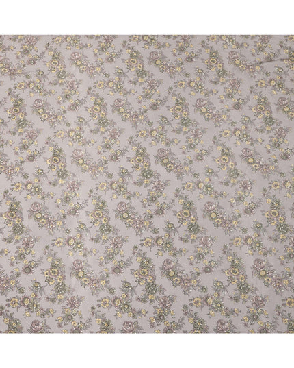 Grey Yellow Floral Pattern Pure Silk Crepe Fabric with Stone Work, Width 110 Cms, Made in India-D26072