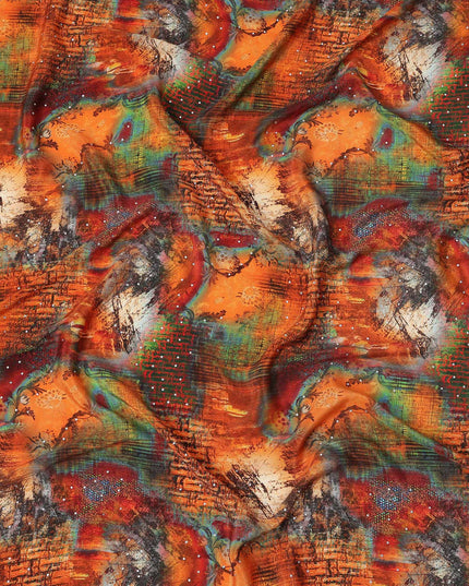 Multicolor Abstract Pattern Pure Silk Crepe Fabric with Stone Work, Width 110 Cms, Made in India-D26073