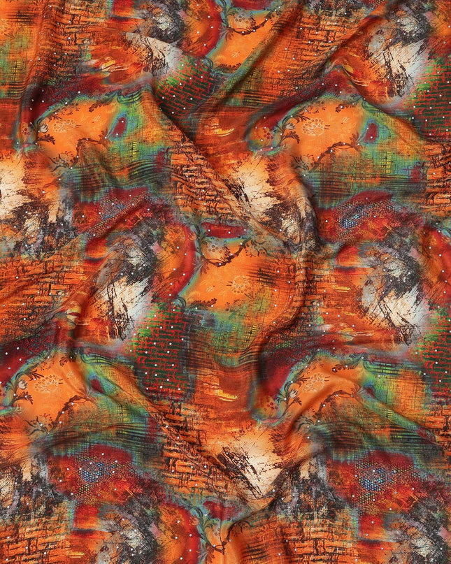 Multicolor Abstract Pattern Pure Silk Crepe Fabric with Stone Work, Width 110 Cms, Made in India-D26073
