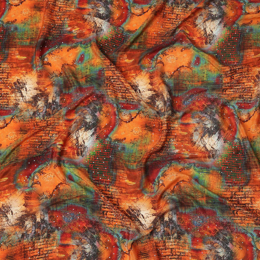 Multicolor Abstract Pattern Pure Silk Crepe Fabric with Stone Work, Width 110 Cms, Made in India-D26073