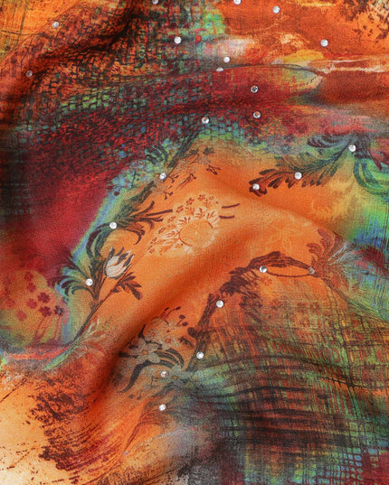 Multicolor Abstract Pattern Pure Silk Crepe Fabric with Stone Work, Width 110 Cms, Made in India-D26073