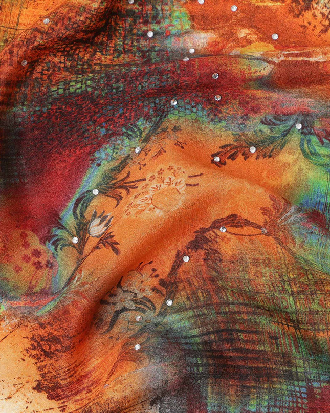 Multicolor Abstract Pattern Pure Silk Crepe Fabric with Stone Work, Width 110 Cms, Made in India-D26073