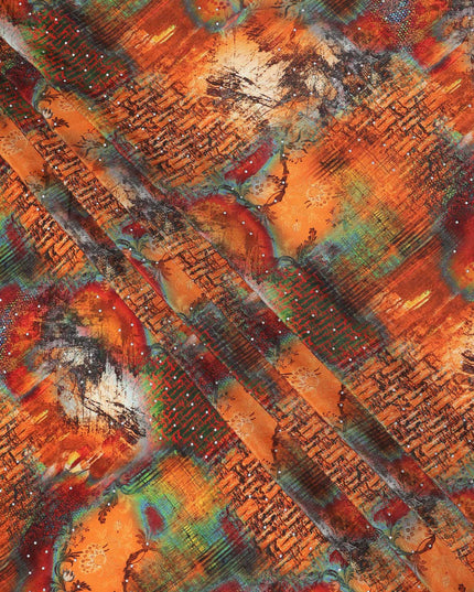 Multicolor Abstract Pattern Pure Silk Crepe Fabric with Stone Work, Width 110 Cms, Made in India-D26073