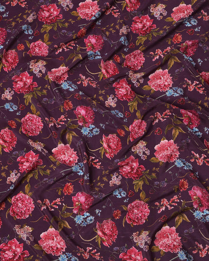 Purple Red Floral Pattern Pure Silk Crepe Fabric with Stone Work, Width 110 Cms, Made in India-D26074