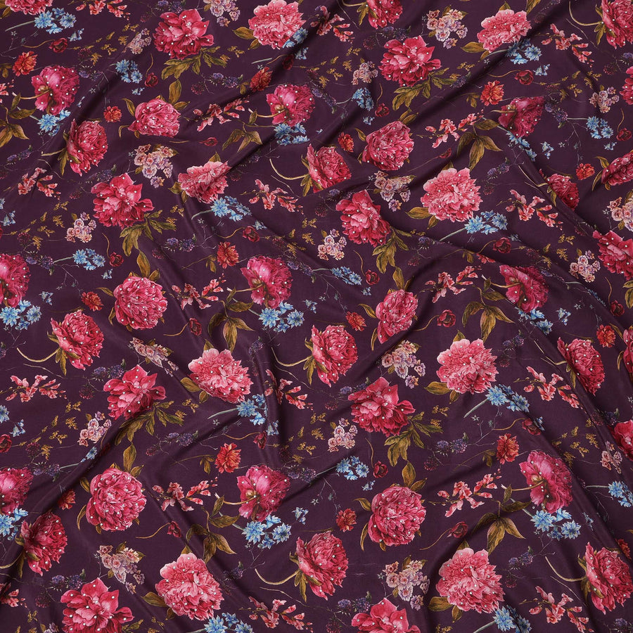 Purple Red Floral Pattern Pure Silk Crepe Fabric with Stone Work, Width 110 Cms, Made in India-D26074