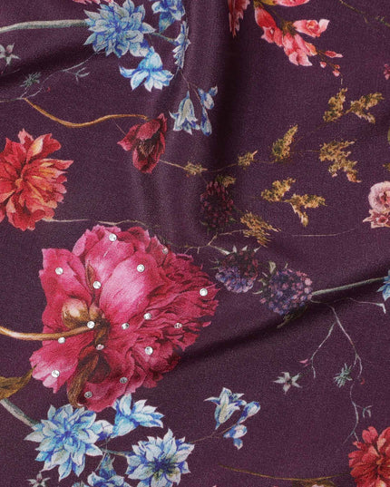 Purple Red Floral Pattern Pure Silk Crepe Fabric with Stone Work, Width 110 Cms, Made in India-D26074