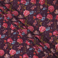Purple Red Floral Pattern Pure Silk Crepe Fabric with Stone Work, Width 110 Cms, Made in India-D26074
