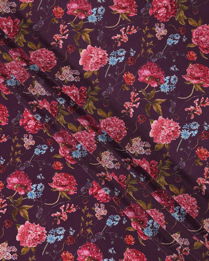 Purple Red Floral Pattern Pure Silk Crepe Fabric with Stone Work, Width 110 Cms, Made in India-D26074