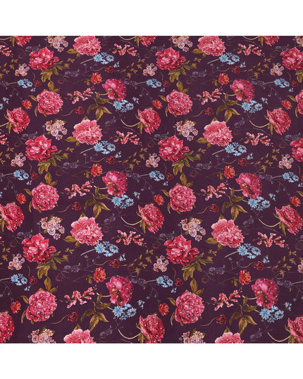 Purple Red Floral Pattern Pure Silk Crepe Fabric with Stone Work, Width 110 Cms, Made in India-D26074