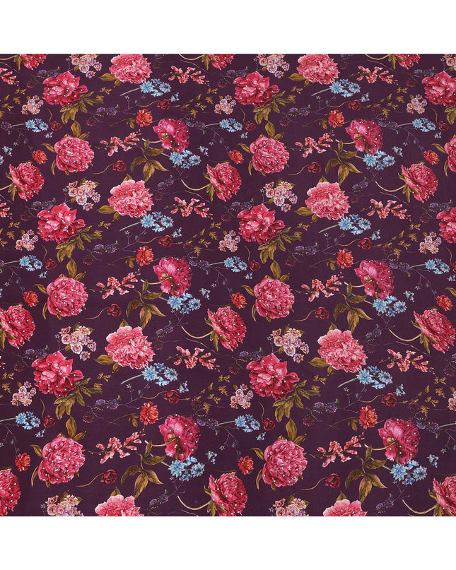 Purple Red Floral Pattern Pure Silk Crepe Fabric with Stone Work, Width 110 Cms, Made in India-D26074