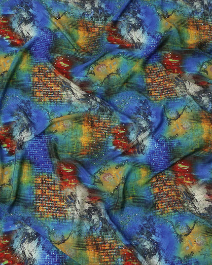 Blue Multicolor Abstract Pattern Pure Silk Crepe Fabric with Stone Work, Width 110 Cms, Made in India-D26075