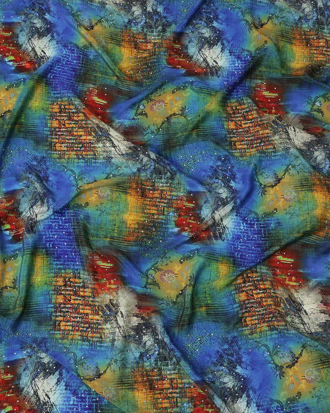 Blue Multicolor Abstract Pattern Pure Silk Crepe Fabric with Stone Work, Width 110 Cms, Made in India-D26075