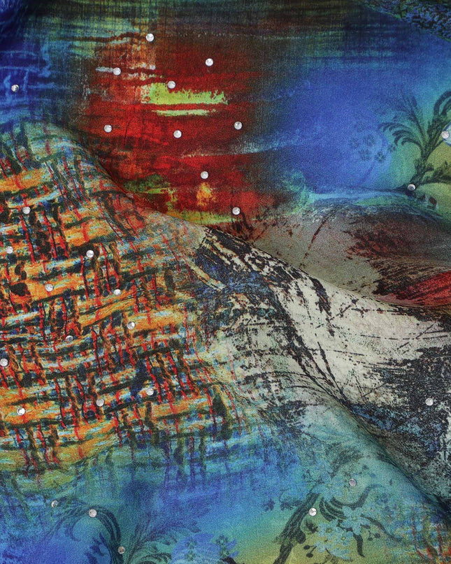 Blue Multicolor Abstract Pattern Pure Silk Crepe Fabric with Stone Work, Width 110 Cms, Made in India-D26075