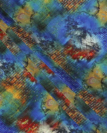 Blue Multicolor Abstract Pattern Pure Silk Crepe Fabric with Stone Work, Width 110 Cms, Made in India-D26075