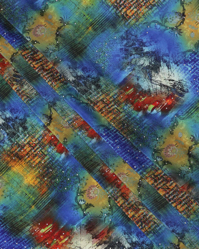 Blue Multicolor Abstract Pattern Pure Silk Crepe Fabric with Stone Work, Width 110 Cms, Made in India-D26075