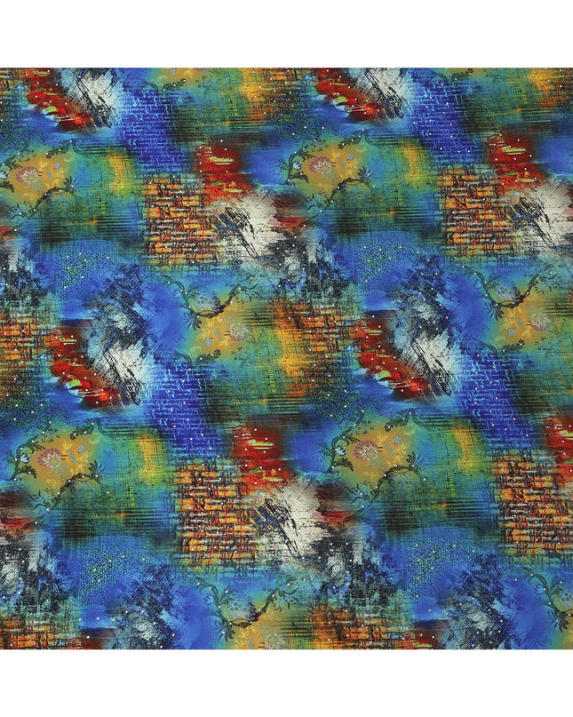 Blue Multicolor Abstract Pattern Pure Silk Crepe Fabric with Stone Work, Width 110 Cms, Made in India-D26075
