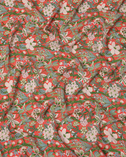 Red Multicolor Floral Pattern Pure Silk Crepe Fabric, Width 110 Cms, Made in India-D26076