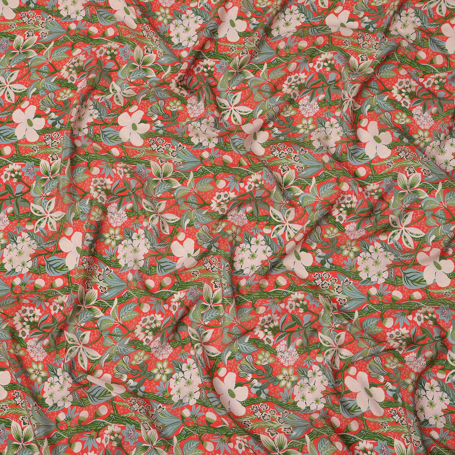 Red Multicolor Floral Pattern Pure Silk Crepe Fabric, Width 110 Cms, Made in India-D26076