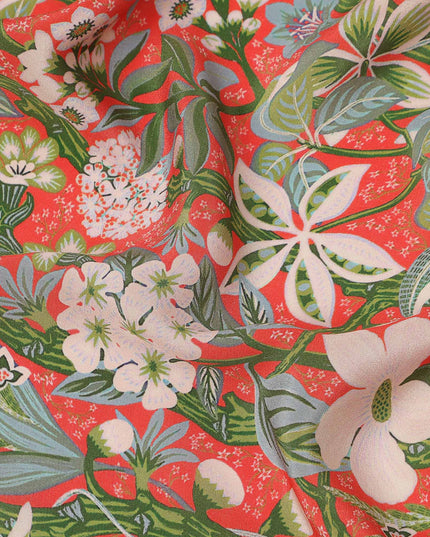 Red Multicolor Floral Pattern Pure Silk Crepe Fabric, Width 110 Cms, Made in India-D26076