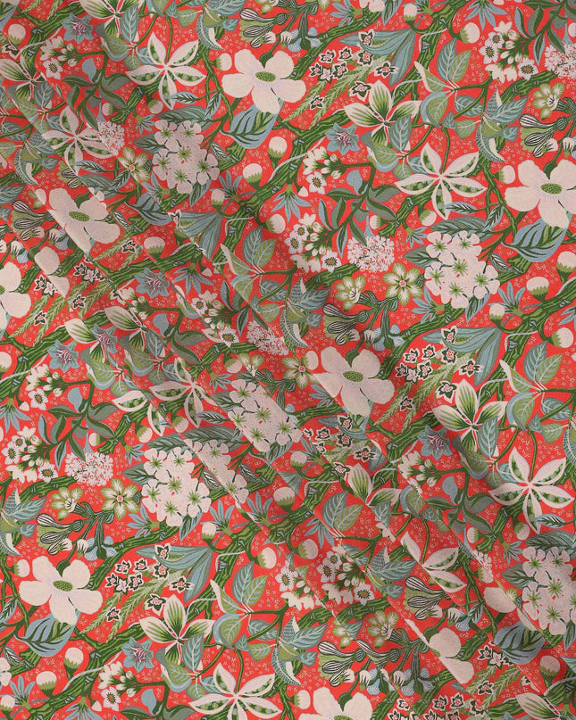Red Multicolor Floral Pattern Pure Silk Crepe Fabric, Width 110 Cms, Made in India-D26076