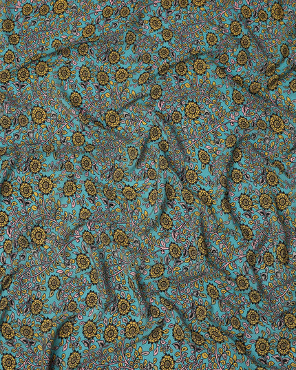 Turquoise Yellow Floral Paisley Pattern Pure Silk Crepe Fabric, Width 110 Cms, Made in India-D26079