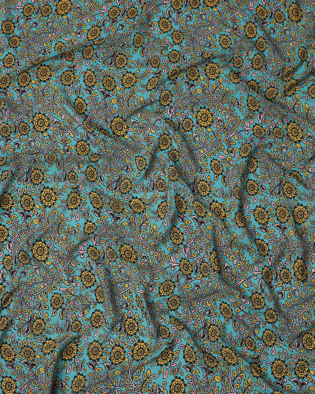 Turquoise Yellow Floral Paisley Pattern Pure Silk Crepe Fabric, Width 110 Cms, Made in India-D26079
