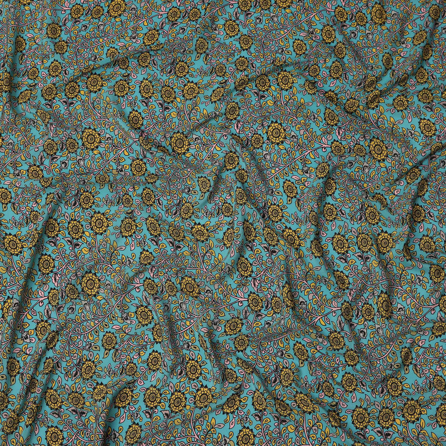 Turquoise Yellow Floral Paisley Pattern Pure Silk Crepe Fabric, Width 110 Cms, Made in India-D26079