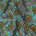 Turquoise Yellow Floral Paisley Pattern Pure Silk Crepe Fabric, Width 110 Cms, Made in India-D26079