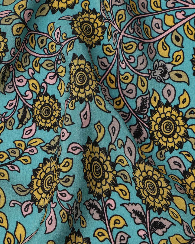 Turquoise Yellow Floral Paisley Pattern Pure Silk Crepe Fabric, Width 110 Cms, Made in India-D26079