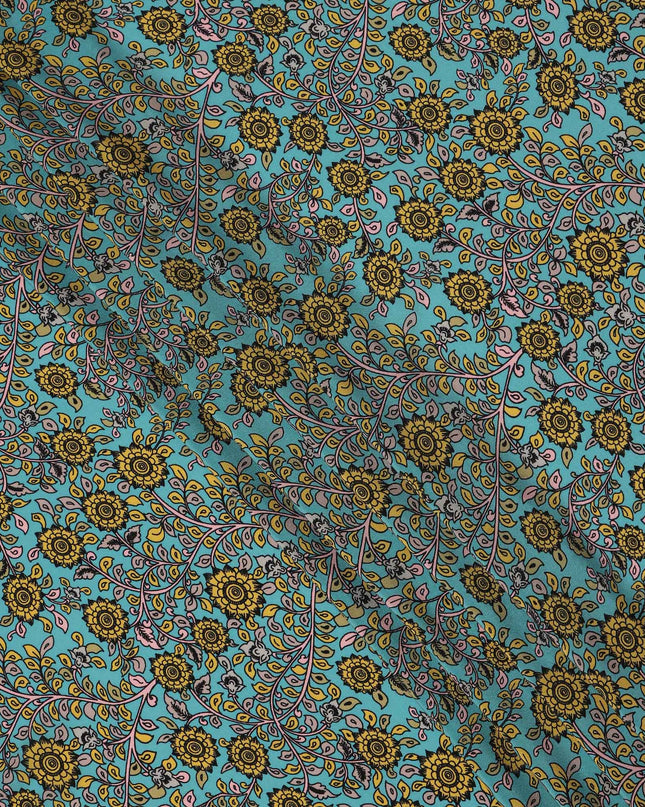 Turquoise Yellow Floral Paisley Pattern Pure Silk Crepe Fabric, Width 110 Cms, Made in India-D26079