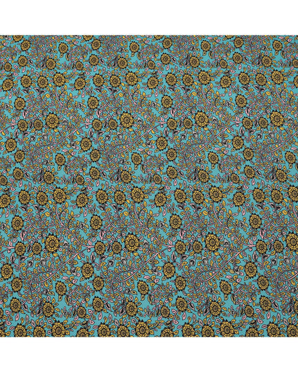 Turquoise Yellow Floral Paisley Pattern Pure Silk Crepe Fabric, Width 110 Cms, Made in India-D26079