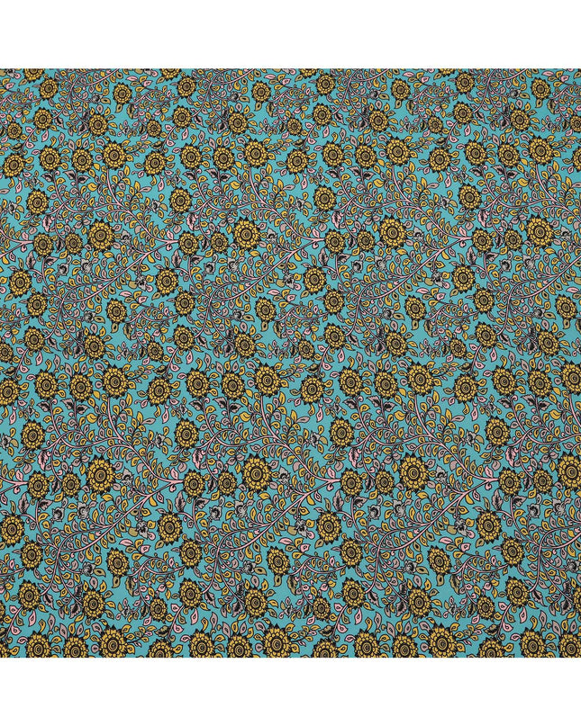 Turquoise Yellow Floral Paisley Pattern Pure Silk Crepe Fabric, Width 110 Cms, Made in India-D26079