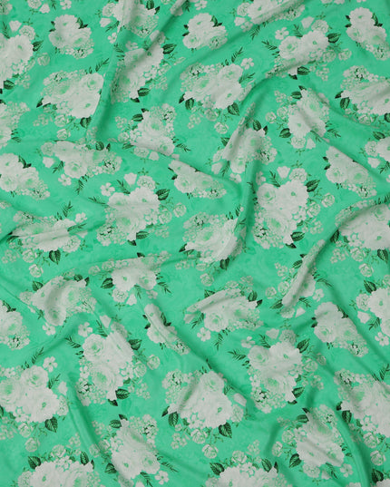Mint Green White Floral Pattern Pure Silk Crepe Fabric, Width 110 Cms, Made in India-D26080