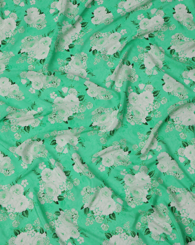 Mint Green White Floral Pattern Pure Silk Crepe Fabric, Width 110 Cms, Made in India-D26080