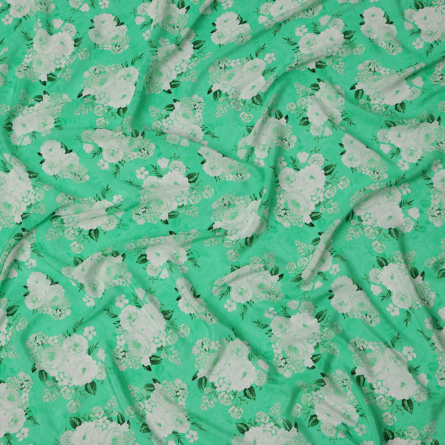 Mint Green White Floral Pattern Pure Silk Crepe Fabric, Width 110 Cms, Made in India-D26080